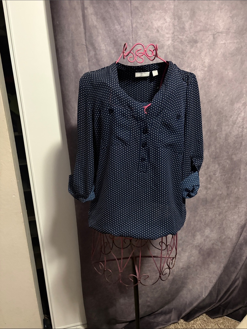 Jones New York Navy and White Polka Dot V-Neck Blouse